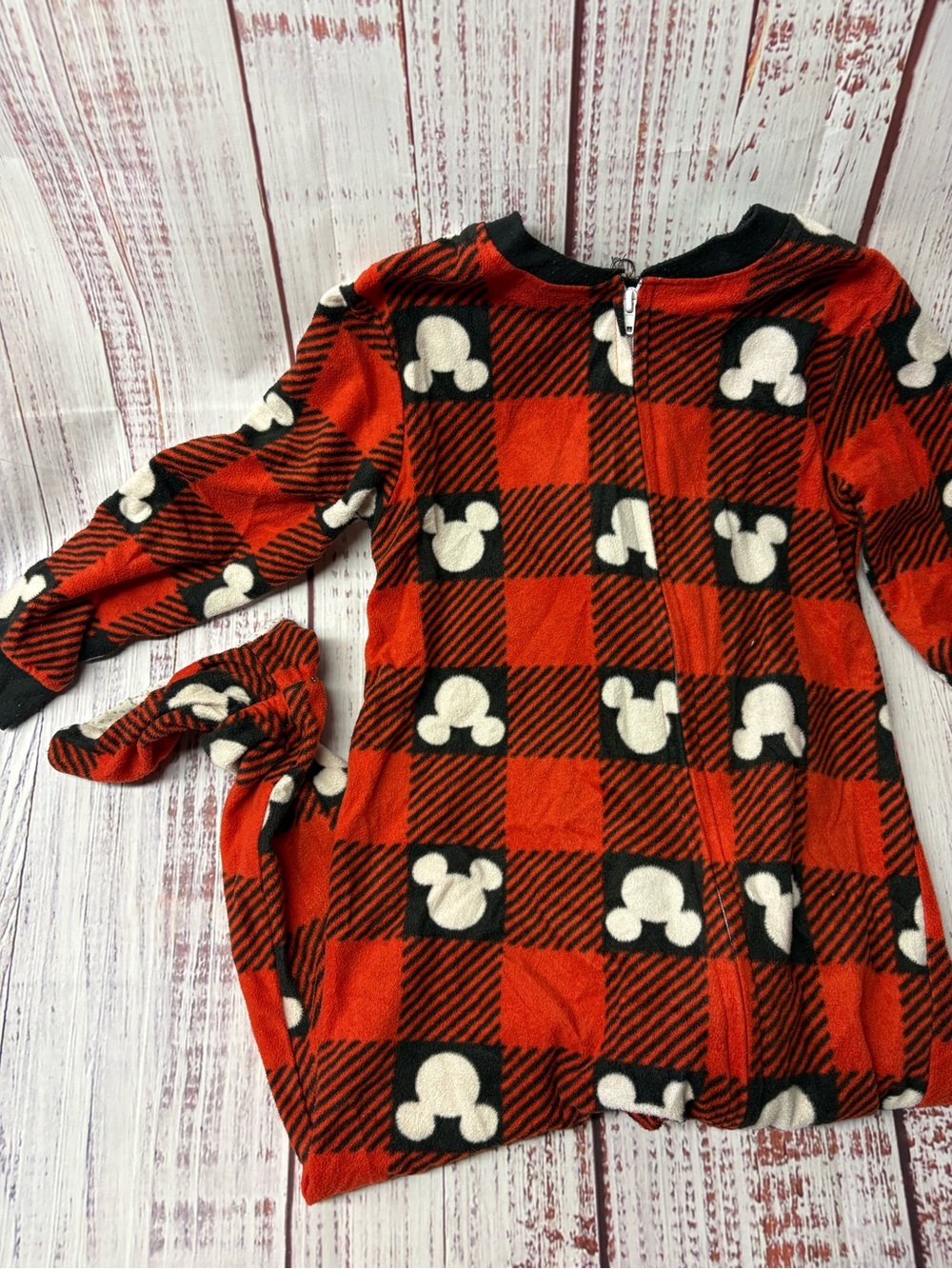 Kids Red Buffalo Plaid Fleece Pajama One-Piece Print Disney Mickey
